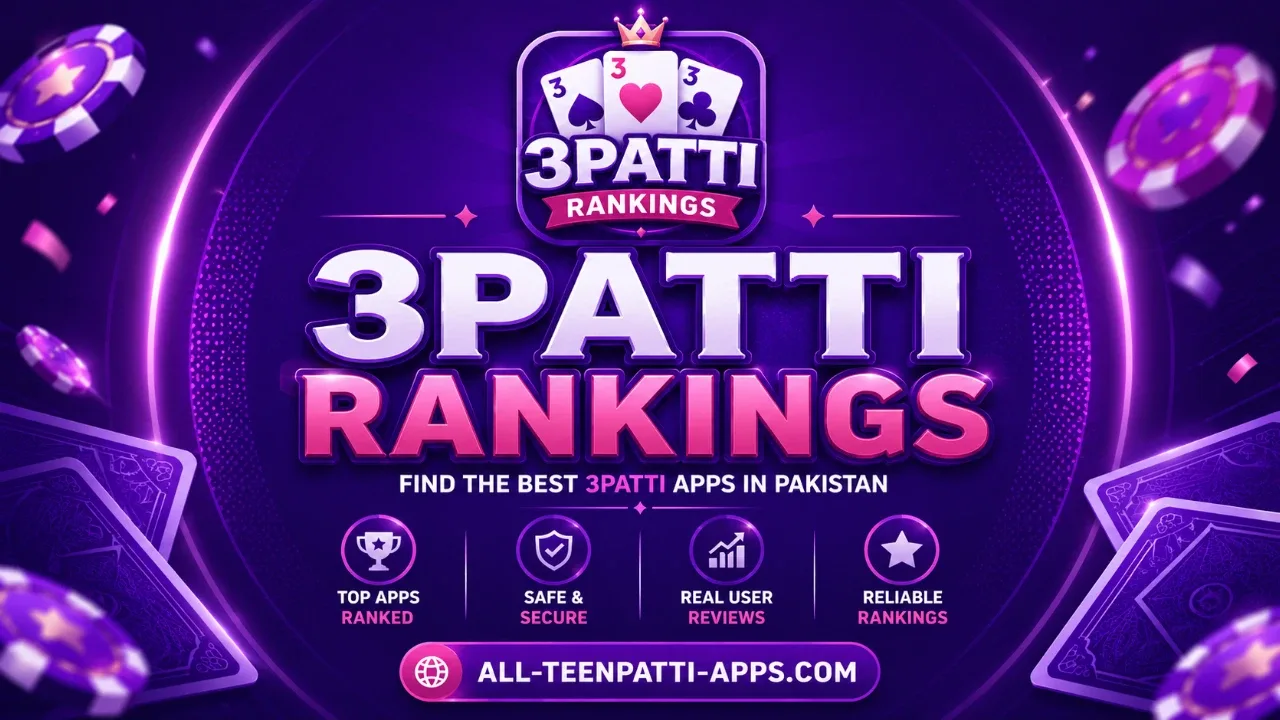 All Teen Patti Apps neon leaderboard banner highlighting Teen Patti-style Android ranks, glowing download CTAs, and compact PK-facing directory chrome